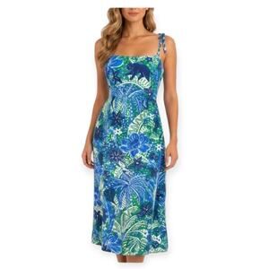 Rachel Zoe Tropical Jungle Linen Blend Smocked Midi Dress Sz S New $169 Coastal